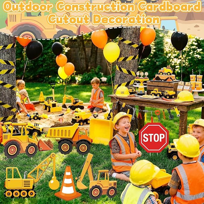 6 Pcs Large Construction Party Decorations, Truck Themed Cardboard Cutouts Standup, Excavator Traffic Cone Stop Yard Sign for Construction Birthday Baby Shower Indoor Outdoor Photo Prop