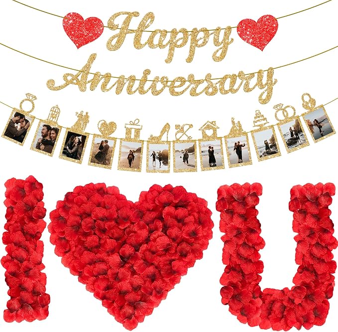 KatchOn, Glitter Happy Anniversary Photo Banner - Huge, 10 Feet, 2 Strings | 1000 Pcs Artificial Red Rose Petals - Silk, Fake Rose Petals for Romantic Night for Her Set, Wedding Anniversary Banner