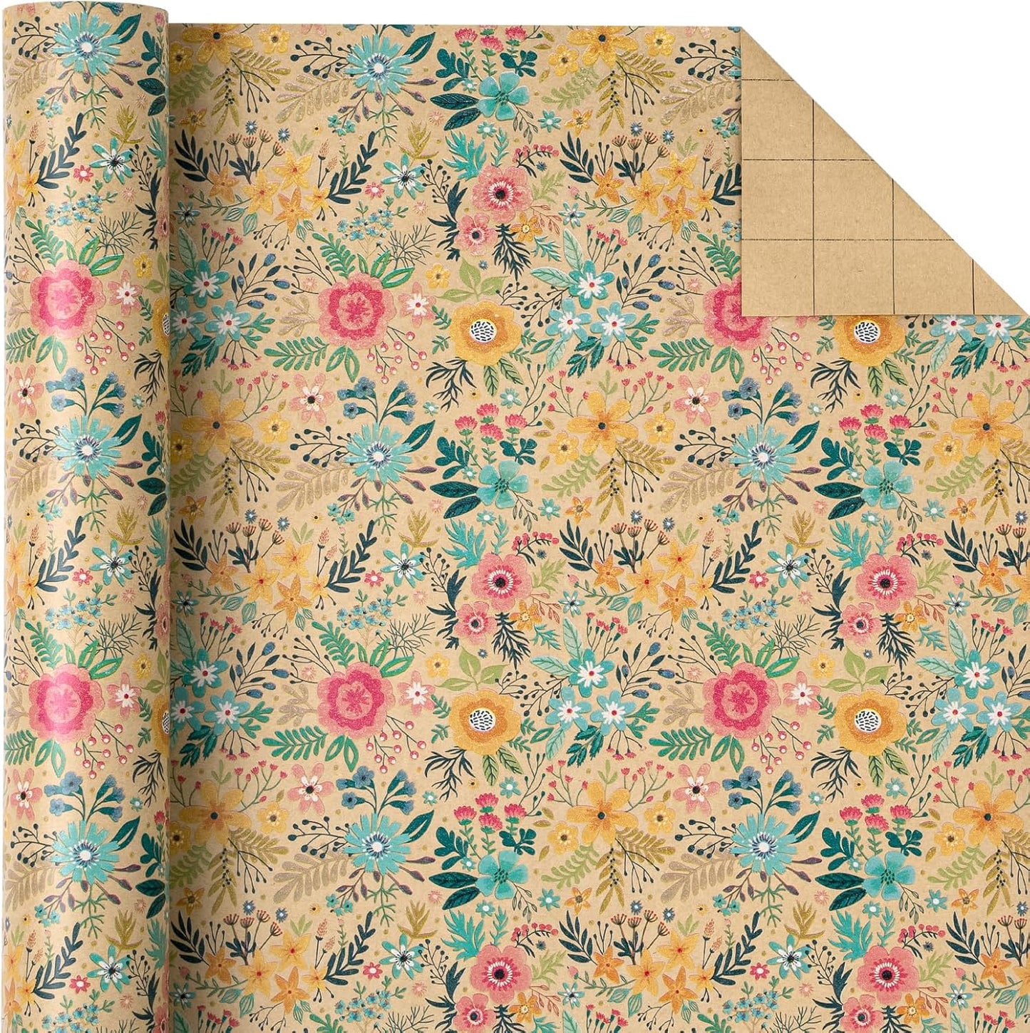 WRAPAHOLIC Kraft Floral Wrapping Paper Roll - Mini Roll - 17 Inch x 33 Feet - Spring Summer Garden Flower Design Perfect for Wedding, Bridal Shower, Birthday