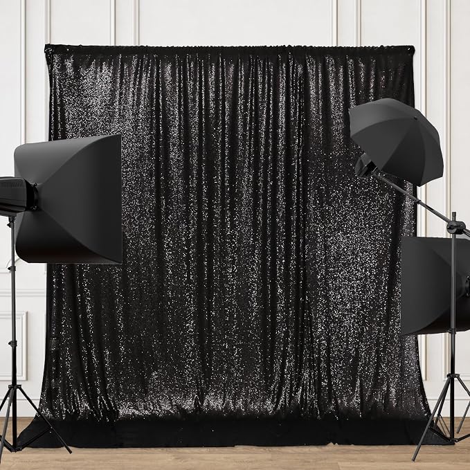 PartyDelight Black Sequin Backdrop 8x8ft 4 Inch Rod Pocket | Dense 3mm sequins on mesh backing with 4 inch rod pocket for group photos wedding walls stages and banquet focal displays