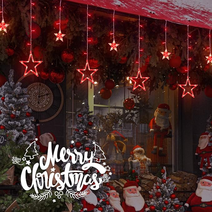 Red Christmas Star Icicle Lights,8.2FT 126LED Curtain String 8 Modes Memory Timer,Connectable Plug in Waterproof for Halloween/Valentine's Day/Patio/Wedding/Party/Xmas Indoor Outdoor Decor,Red
