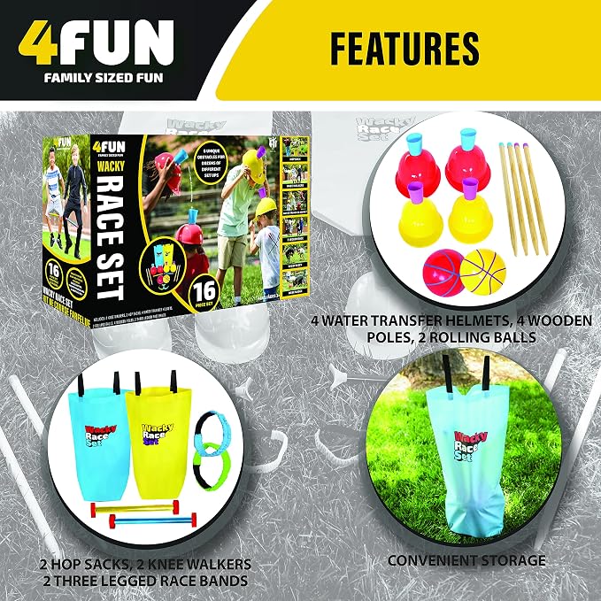 4FUN Wacky Race Set - Family Fun Outdoor Yard Games - Set Includes Hop Sack Race, Knee Walkers, Nose Nudge, Water Helmet Relay, 3-Legged Race, and Wizzy Dizzy – Great for Ages 3+