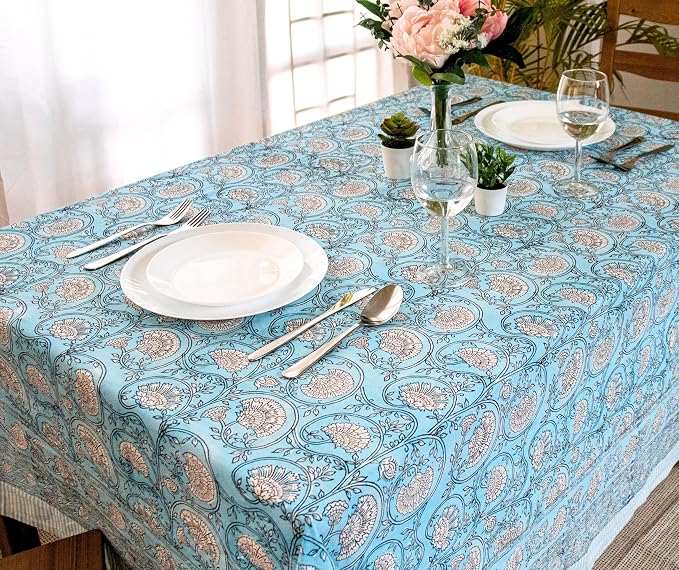Block Print Table Cloth- 54x108 Inch Rectangle 100% Cotton Handmade Pre-Shrink, Washable Kitchen & Dining Perfect for Patio, Indoor & Outdoor, Farmhouse