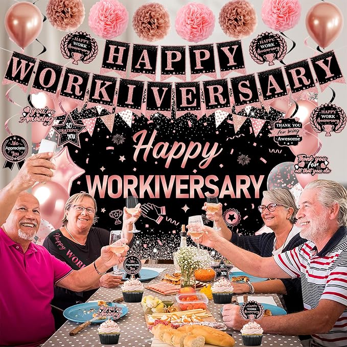 DARUNAXY Happy Workiversary Party Decorations for Women, Rose Gold Happy Work Anniversary Banner Cake Topper Hanging Swirl Confetti Balloons Decor Set for Pink Employee Office Party Supplies for Girls