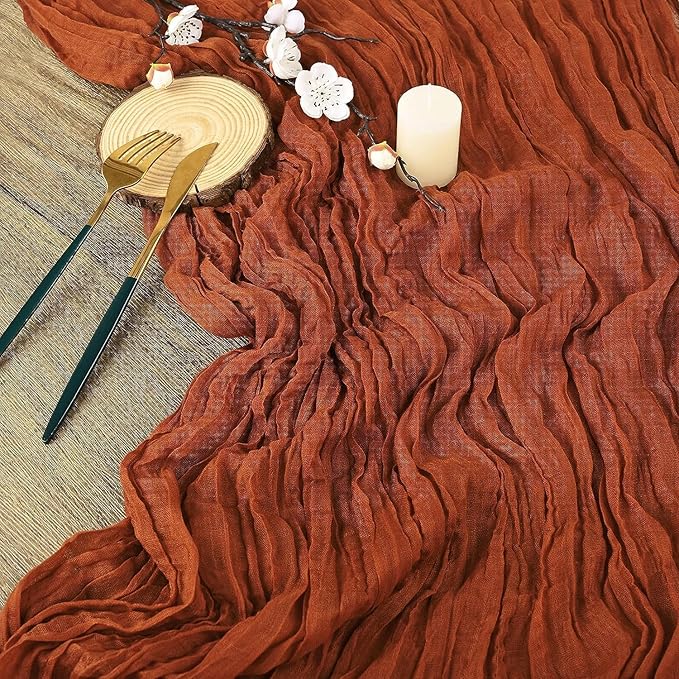 24 Pack Cheesecloth Table Runner, 35x120 Inch Terracotta Table Runners Rustic Burnt Orange Cheese Cloth Boho Gauze Semi Sheer Runner for Wedding Baby Shower Home Decor