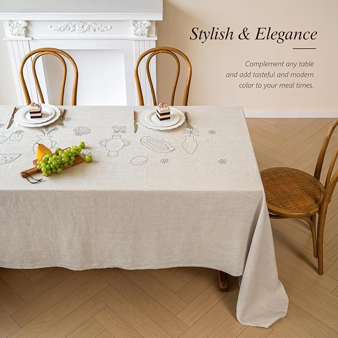 Linen World Embroidered Linen Tablecloth Large 70x118inch,100% French Linen Pre-Washed Table Cloth,Natural Flax Table Cover for Elegant Dining,Fruit Embroidery