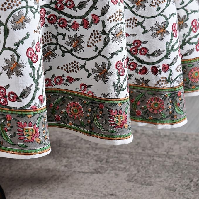Ridhi Round Tablecloth Hand Block Print 100% Cotton Reusable Coral Pink Trails 110 Inch Table Cover Decorative Everyday Use for Dining, Home, Party, Wedding, Farmhouse Gift for Spring, Mother's Day
