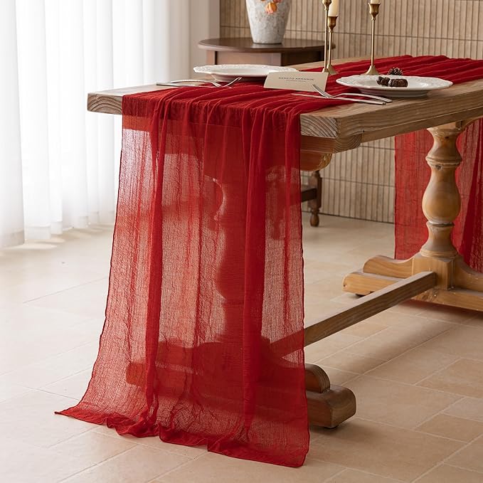 Keketoarrange Red Mothers Day Cheesecloth Table Runner Cheese Cloth Rustic Gauze Table Runner 120 Inch 10 FT for Wedding Baby Bridal Shower Sheer Boho Holiday Spring Summer Home Decorations