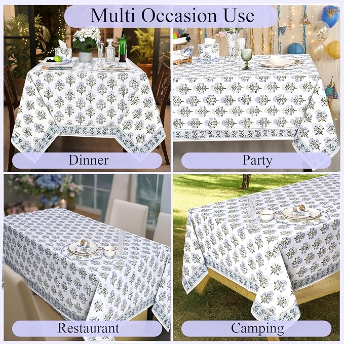 Ridhi Mughal Buta Blue Hand Block Print Cotton Rectangle Tablecloth 120" x 60" inches Reusable Table Cover Decorative Everyday Use for Dining Room, Farmhouse, Home Gift for Spring, Mother's Day