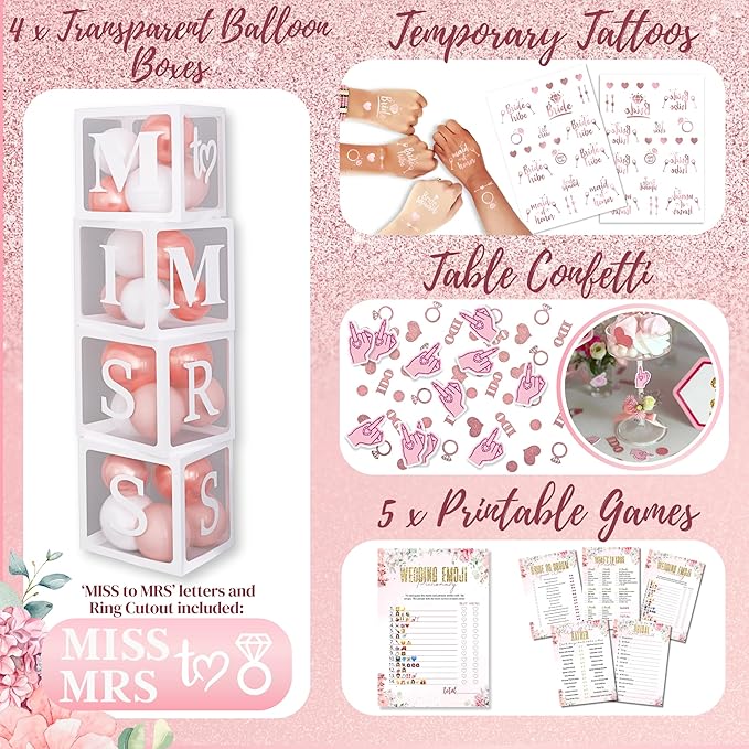 189 pc Premium Bridal Shower Party Decorations – Balloons, Bride to Be Sash, Veil, Headband, Backdrop, Props – Pink Bachelorette Party Decorations for Engagement, Rose Gold Bridal Shower Decorations