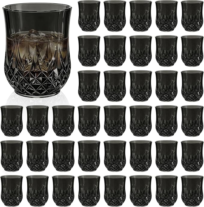 40 Pack Plastic Stemless Wine Glasses,12oz Unbreakable Vintage Elegant Drinking Glass Set,Reusable Fancy Cocktail Cups for Party, Wedding, and Bulk Events (40, 12oz-Black)