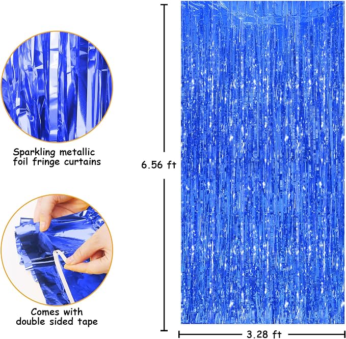 JOYIT 2 Pack Blue Tinsel Backdrop - 3.28 ft x 6.56 ft Fringe Backdrop, Glitter Foil Fringe Curtains for Party Decorations, Birthday, Bachelorette, Graduation, Wedding (Blue, 2 Pack)