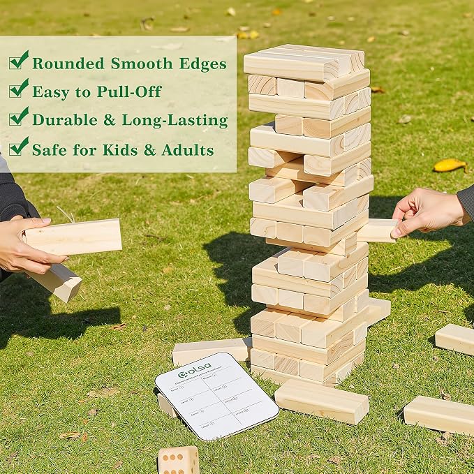 Olsa Giant Tumble Tower 57PCS Wooden Block Stacking Yard Games with Carrying Bag Classic Indoor & Outdoor Game for Adults and Family Party Games for Backyard Lawn Beach Camping (Over 4.2 Ft)