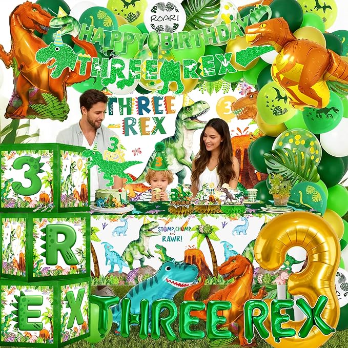 Three Rex Dinosaur 3rd Birthday Decorations For Boys – Dino 3rd Birthday Party Supplies With Banner, Letter Balloons, Backdrop, Tablecloth, Balloon And Boxes,Table Centerpieces For 3 Rex Party