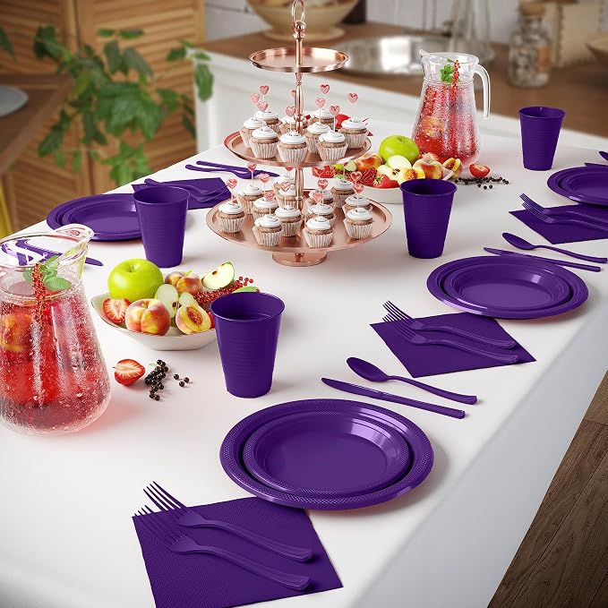 350 Pcs Purple Plastic Plates For Party, Purple Disposable Plates Set, 50 Of Each 9" Dinner Plate Set, 7" Dessert Plate, Cups, Napkins & Cutlery Plastic Dinnerware Set Exquisite