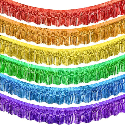 LOLStar Rainbow Foil Fringe Tinsel Garland, Streamers Banner, 6 Pack | 60Ft Tinsel Streamers, Shiny Rainbow Tinsel Fringe Banners for Birthday, Pride Month, Parade Floats, Wedding Decor