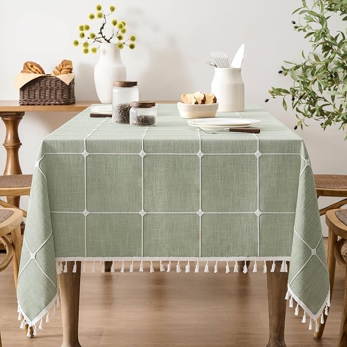 ZeeMart Boho Grid Table Cloth with Tassels (Sage Green, 52" x 70"), Heavy Weight Linen Checked Embroidered Farmhouse Tablecloth, Water Resistant Rectangle Green Tablecloths