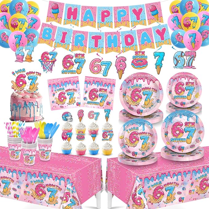 244 PCS Hand-Drawn 6 7 Birthday Decorations for 24 Guests, I Was 6 Now I'm 7 Birthday Party Supplies Set with Plates, Cups, Napkins, Banner & Balloons, Donut Ice Cream Birthday Decorations for Kids