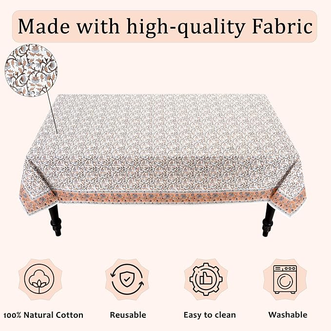 Ridhi Block Print Brown Meadow Vine Rectangle Cotton Tablecloth 108" x 60" Reusable Table Cover Decorative Everyday Use for Dining, Farmhouse, Home Gift for Spring, Easter, Valentine