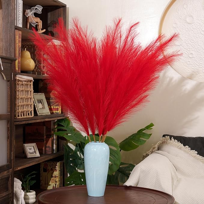 Premium Faux Red Pampas Grass – 43.3" Tall Fluffy Vibrant Decor, 8pcs 18-Branch One-Piece Stems No Assembly, Luxury Silk-Feel Feather Flowers for Valentine's Day Christmas Wedding Home Decor