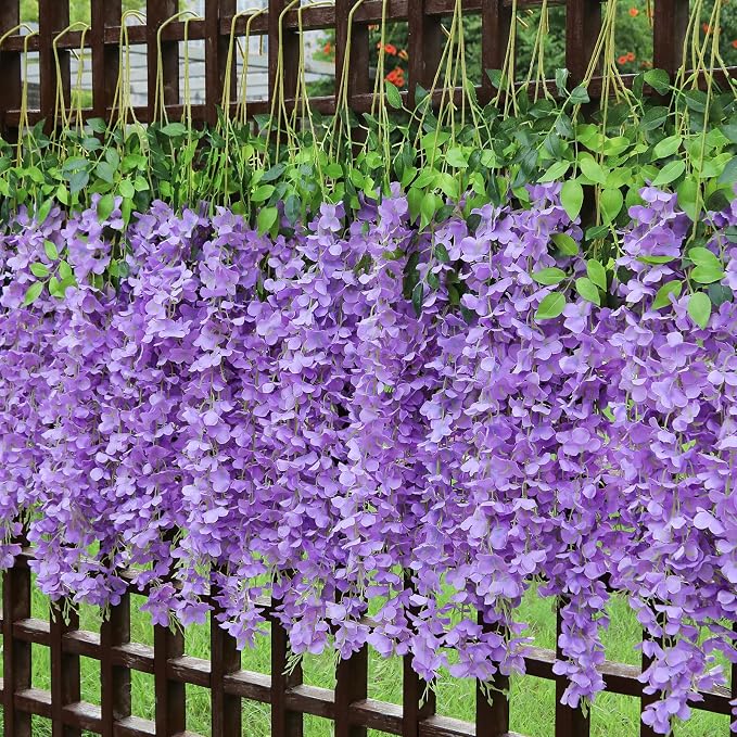 Pauwer Wisteria Hanging Flowers 24 Pack Fake Flower Garland Artificial Wisteria Vines Rattan Silk Flower String Wedding Party Wall Decorations,Purple