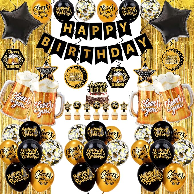 Black and Gold Party Decorations for Men and Women: Happy Birthday Banner, Fringe Curtains, "Cheers to You" Foil Balloons, Hanging Swirls, Photo Props, Birthday Sash