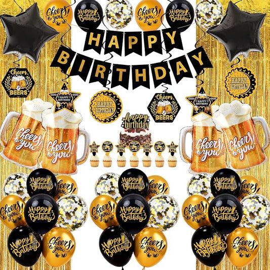 Black and Gold Party Decorations for Men and Women: Happy Birthday Banner, Fringe Curtains, "Cheers to You" Foil Balloons, Hanging Swirls, Photo Props, Birthday Sash