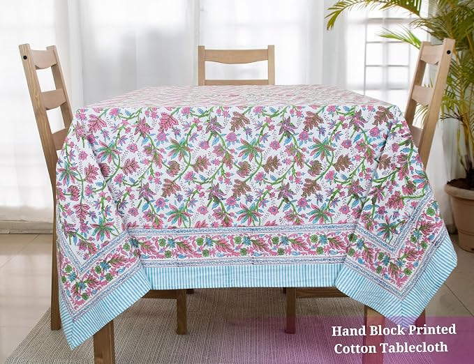 Block Print Table Cloth- 54x108 Inch Rectangle 100% Cotton Handmade Pre-Shrink, Washable for Spring, Kitchen & Dining Perfect for Patio, Indoor & Outdoor, Farmhouse