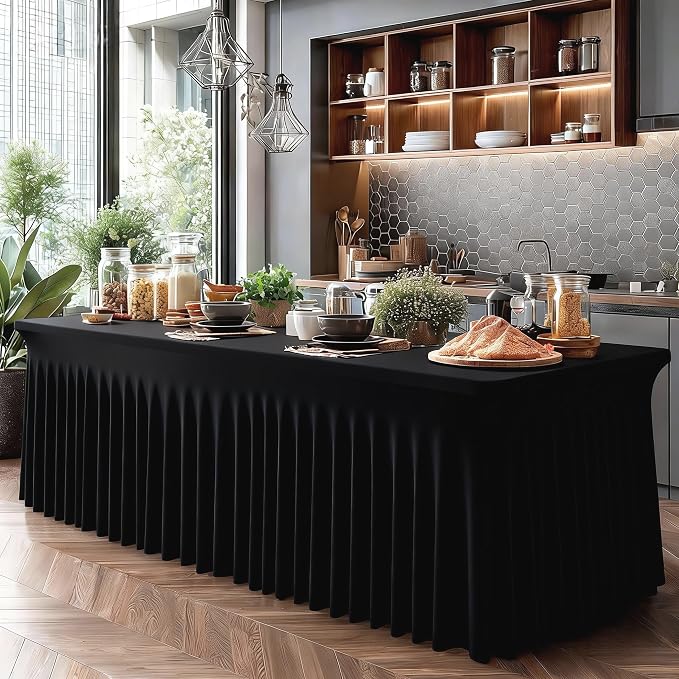 Shillance 2 Packs Black Spandex Table Covers 6 Foot, Fitted Stretch Table Cloth with Skirts 72x30 Inch, Wrinkle-Free Floor Length Rectangle Tablecloths for Trade Show Weddings Parties Banquets Events
