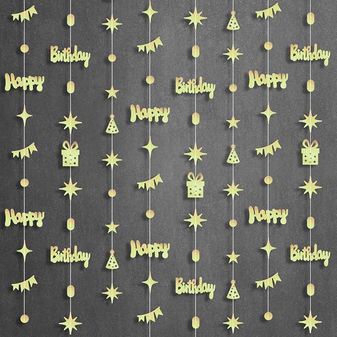 KatchOn, Gold Happy Birthday Garland Banner - 6.5 Feet, Pack of 8 No DIY | Gold Garland Birthday Decorations | Happy Bday Backdrop | Bday Decorations for Women