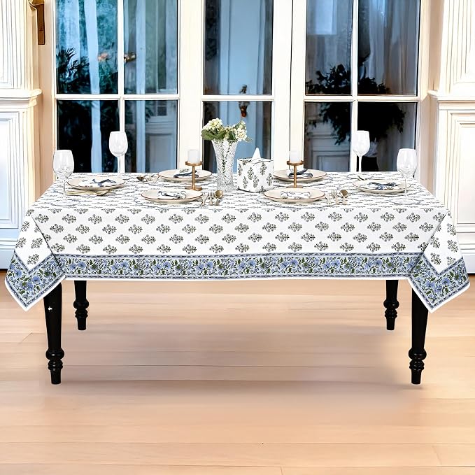 Ridhi Baby Blue Hand Block Print Cotton Rectangle Tablecloth 108" x 60" inches Reusable Table Cover Decorative Everyday Use for Dining Room, Farmhouse, Home Gift for Spring, Mother's Day
