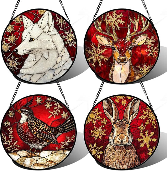 DASTOLL Stained Glass Window Hanging 4 Pcs Set Red Golden Snowflakes 7.8" - Christmas Elk Rabbit Suncatcher Door Garden Sun Catcher Decor Birthday for Mom Woman Nana Men