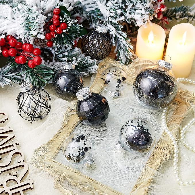 CristBest 30ct Christmas Ball Ornaments-60mm/2.36" Shatterproof Clear Plastic Xmas Balls Baubles Set with Stuffed Delicate Sparkling, Hanging Christmas Tree Decorations(Black)