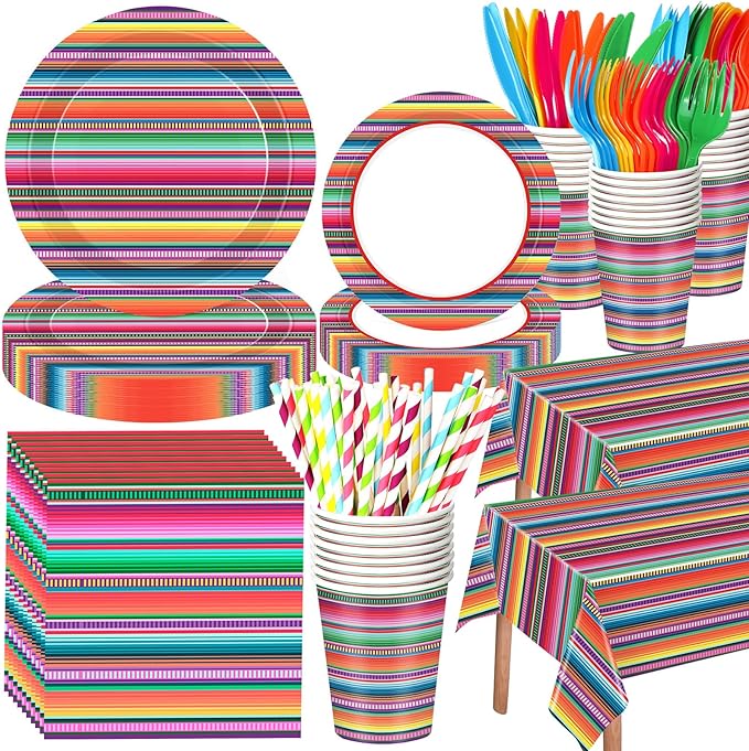 Funnymoom 452 Pcs Cinco De Mayo Party Decoration for 50 Guest, Mexican Serape Paper Plates Napkins Cups Tablecloth Cutlery Straws Fiesta Disposable Tableware Set for Mexico Birthday Party Supplies
