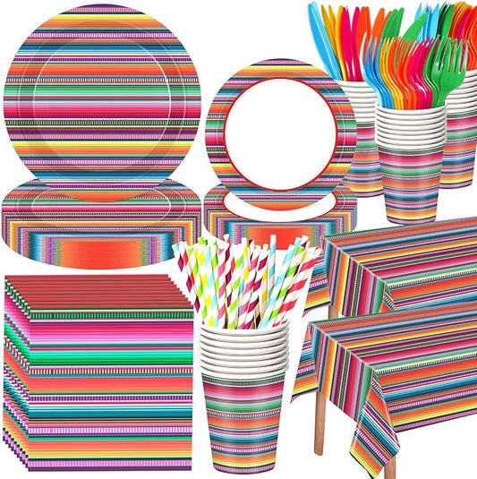 Funnymoom 452 Pcs Cinco De Mayo Party Decoration for 50 Guest, Mexican Serape Paper Plates Napkins Cups Tablecloth Cutlery Straws Fiesta Disposable Tableware Set for Mexico Birthday Party Supplies