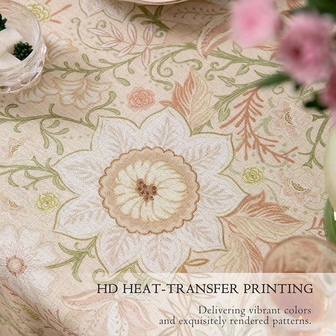 French Thick Linen Tablecloth for Rectangle Tables, Pink Floral Waterproof Wipeable Decorative Table Cover for Dining Kitchen Indoor Outdoor, 63" x 106", 8-10 Seats