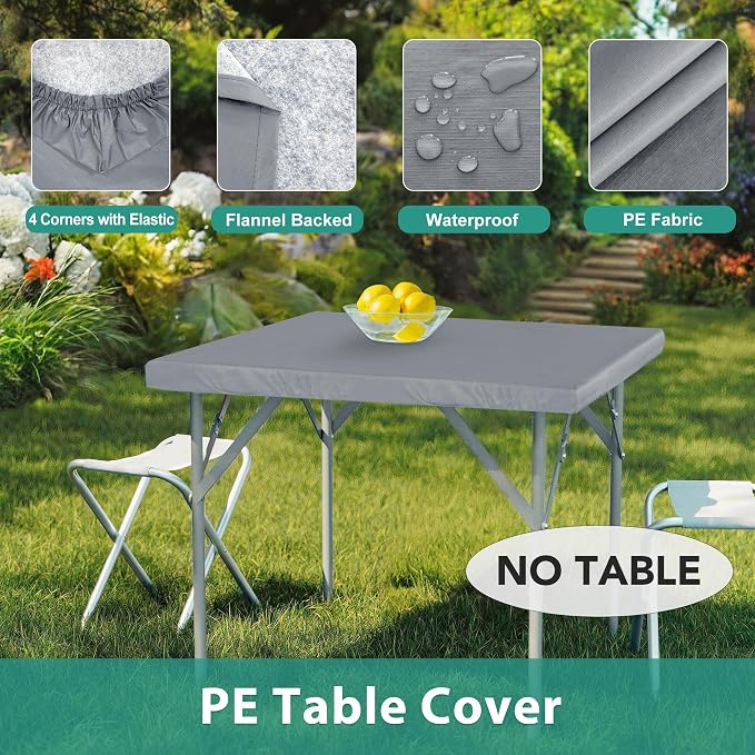 LUSHVIDA 2 Packs Vinyl Card Tablecloth with Flannel Backing 36x36 inch - Waterproof Plastic Picnic Table Cover for Square Folding Table Cloth with Elastic Corners, Light Gray