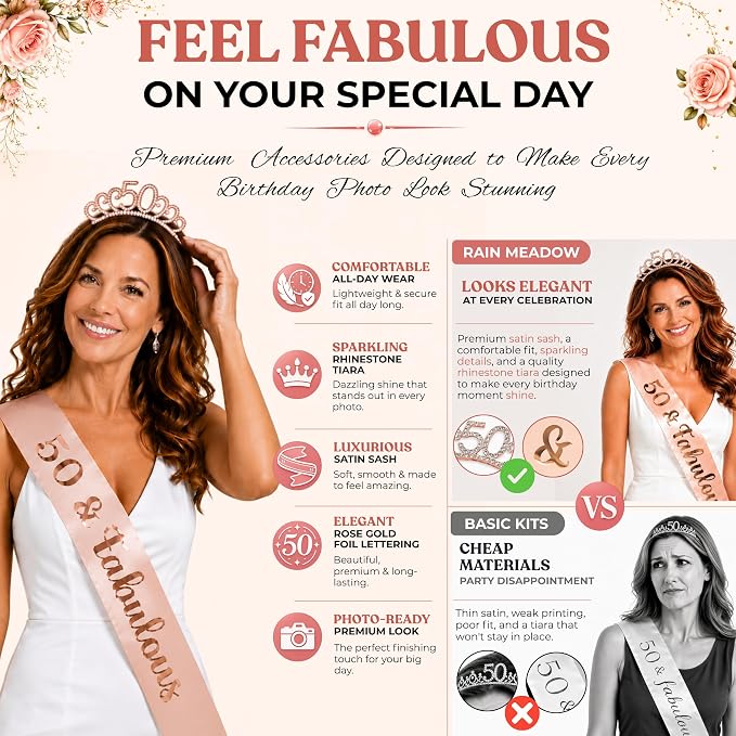 Premium 50th Birthday Decorations for Women - Rose Gold & Black 40 Pc Kit | 2026 Family Choice Award winner; Oxford-cloth backdrop (not paper), 30+ balloons, banner, tiara, sash & printable signs