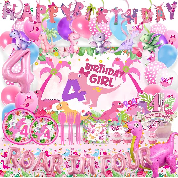 Dinosaur 4th Birthday Decorations for Girls,Roar Im Four Birthday Decoration，Roar Im 4 Pink Dinosaur Party Decor Supplies include Backdrop, Banner, Plates