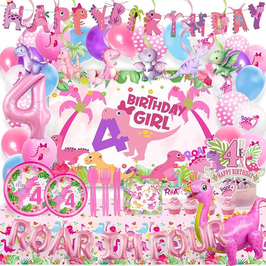 Dinosaur 4th Birthday Decorations for Girls,Roar Im Four Birthday Decoration，Roar Im 4 Pink Dinosaur Party Decor Supplies include Backdrop, Banner, Plates