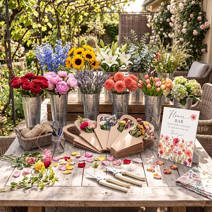 LEIFIDE Flower Bar Buckets Set Kit Bloom Bar Supplies Include Wood Sign Gift Bags Iron Bucket Garden Flower Shears for Wedding Bridal Shower Graduation Birthday Table Centerpieces(45 Pcs,Silver)