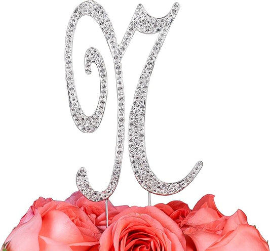 LOVENJOY Gift-Boxed 2.8" Rhinestone Letter N Cake Topper Wedding Birthday, Silver