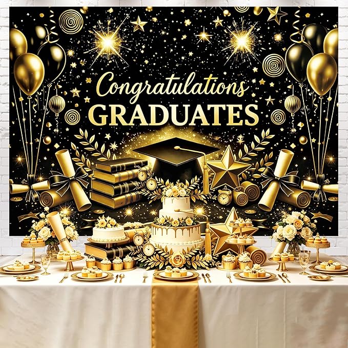 Class of 2026 Graduation Backdrop - 7x5ft Congraduations Graduate 2026 Photo Booth Background for Prom Party with Black and Gold Congrats Grad Banner Supplies Decor (Black)