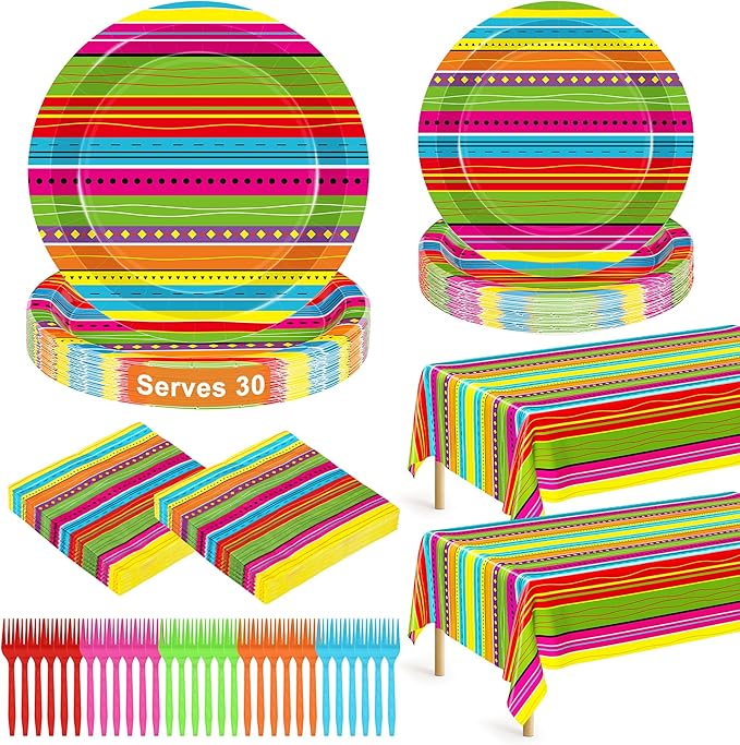 122 Pcs Cinco De Mayo Napkins and Plates, Disposable Dinnerware Fiesta Paper Plates and Napkins Sets for 30 Guests, Colorful Plastic Fork Mexican Stripes Tablecloth for Taco Birthday Party Favors