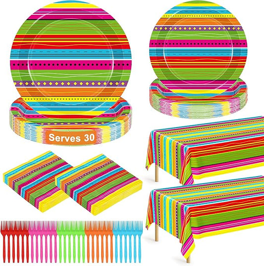 122 Pcs Cinco De Mayo Napkins and Plates, Disposable Dinnerware Fiesta Paper Plates and Napkins Sets for 30 Guests, Colorful Plastic Fork Mexican Stripes Tablecloth for Taco Birthday Party Favors