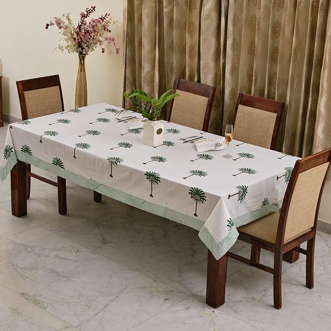 Ridhi Green Palm Hand Block Print Cotton Rectangle Tablecloth 160" x 72" inches Reusable Table Cover Decorative Everyday Use for Dining Room, Farmhouse, Home Gift for Spring, Mother's Day