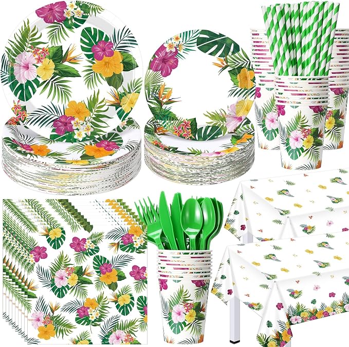 Funnymoom 452 Pcs Hawaiian Luau Party Decoration for 50, Tropical Aloha Paper Plate Napkin Cup Tablecloth Cutlery Palm Leaf Hibiscus Disposable Tableware for Summer Beach Floral Birthday Party Supply