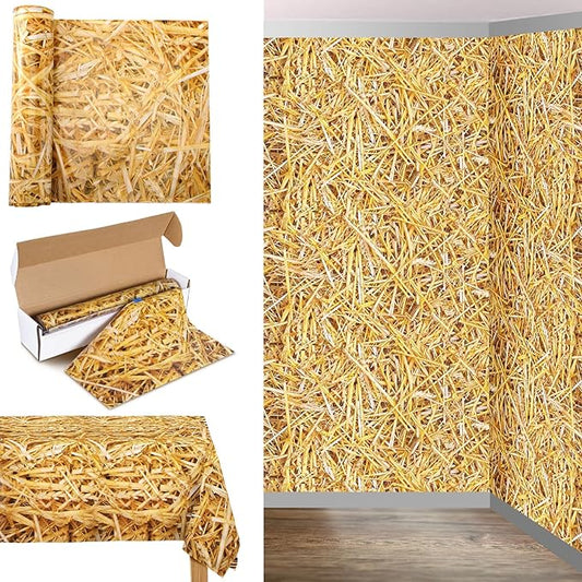 Oudain 54 Inch x 100 ft Hay Bales Straw Decor Tablecloth Roll with Cutter Box Large Farm Wall Backdrop Decoration Disposable Plastic Table Cover Background for Western Cowboy Birthday Party Supplies