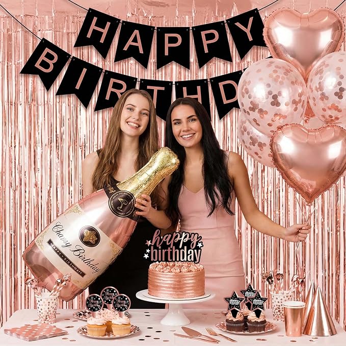Rose Gold and Black Birthday Decorations - Party Supplies Kit with Tablecloth, Paper Plates, Photo Props, Champagne Foil Balloon, Fringe Curtains, Cake Topper and Banner for Women 18th 21st 30th 40th