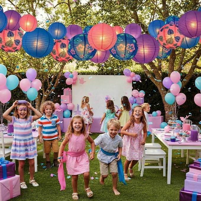 Weysat 12 Pcs Cartoon Hawaiian Animation Themed Hanging Paper Lanterns Hawaiian Themed Purple Blue Pink Lantern Decorations Luau Birthday Party Supplies for Birthday Party Classroom Home Decor